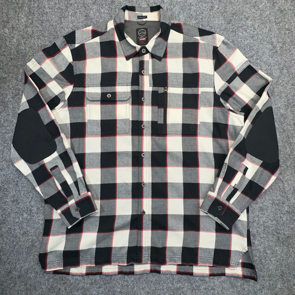 Wrangler ATG All Terrain Gear Shirt Mens XL Black White Red Plaid Elbow Patch